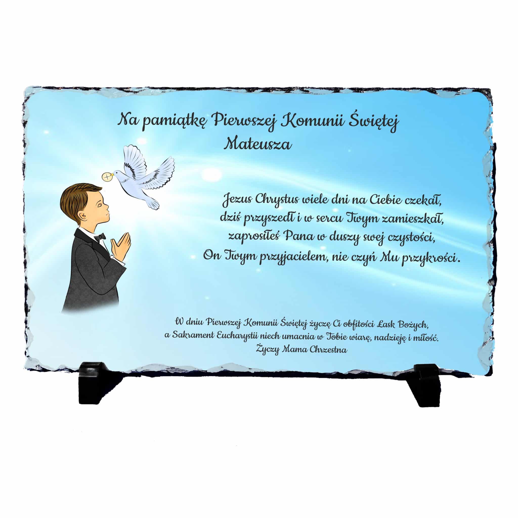 Granit z nadrukiem na Komunię Świętą dla chłopca