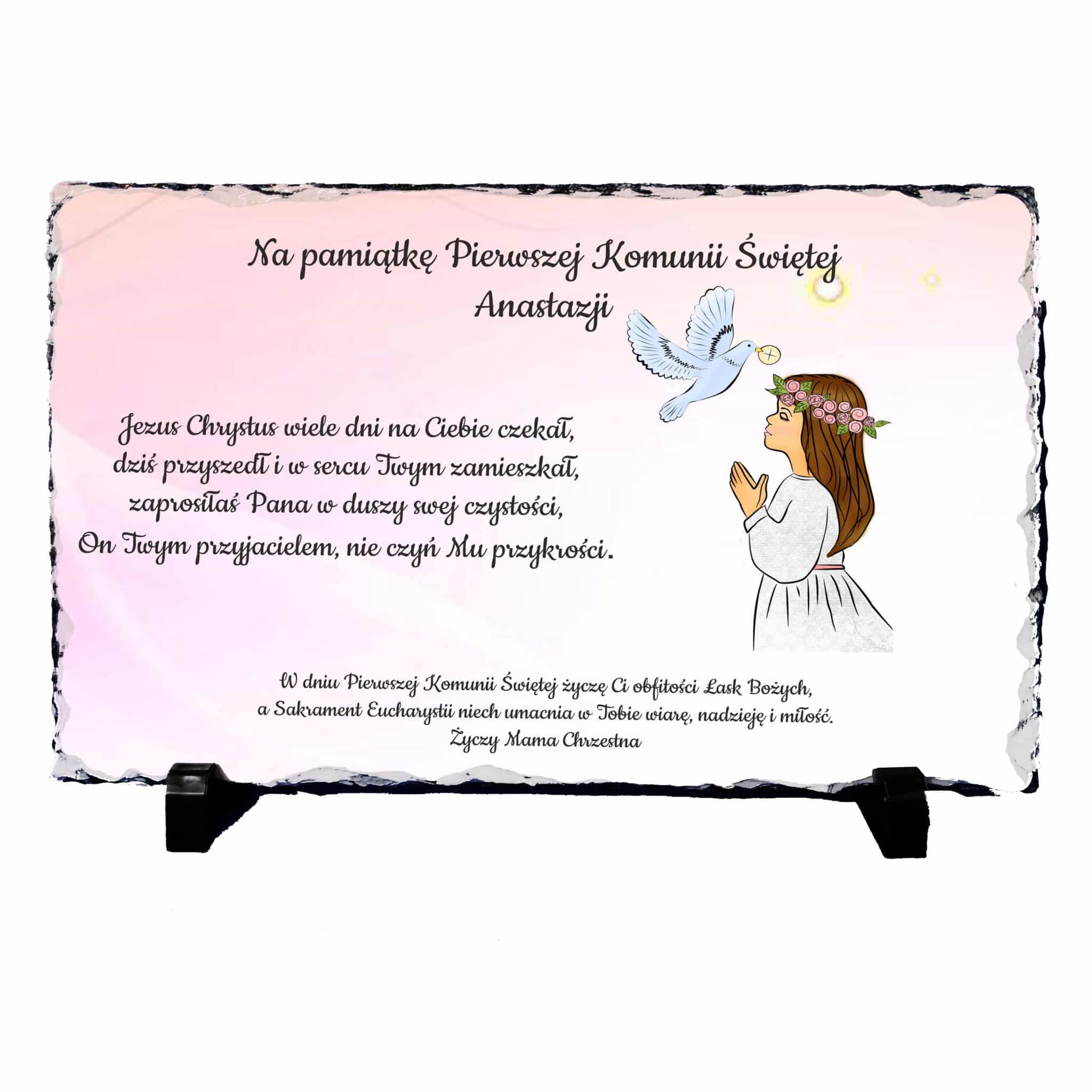 Granit z nadrukiem na Komunię Świętą dla dziewczynki